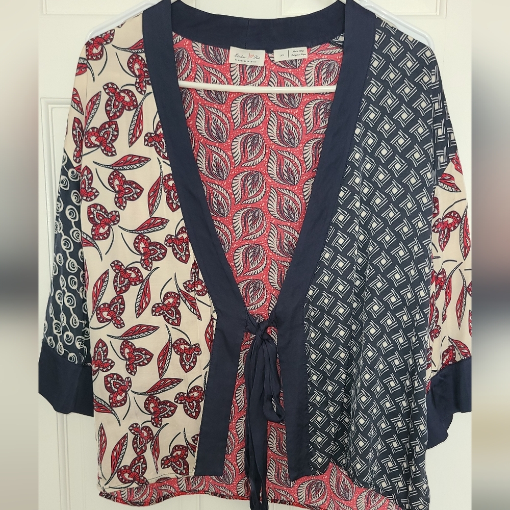 Anthropologie Meadow Rue Mixed-Print Tie-Front Blouse in Navy and Red
